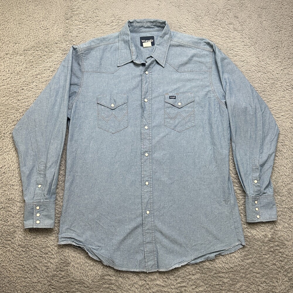 Wrangler Shirt Mens XLT Tall Blue Denim Pearl Snap Cowboy Pockets Work Western